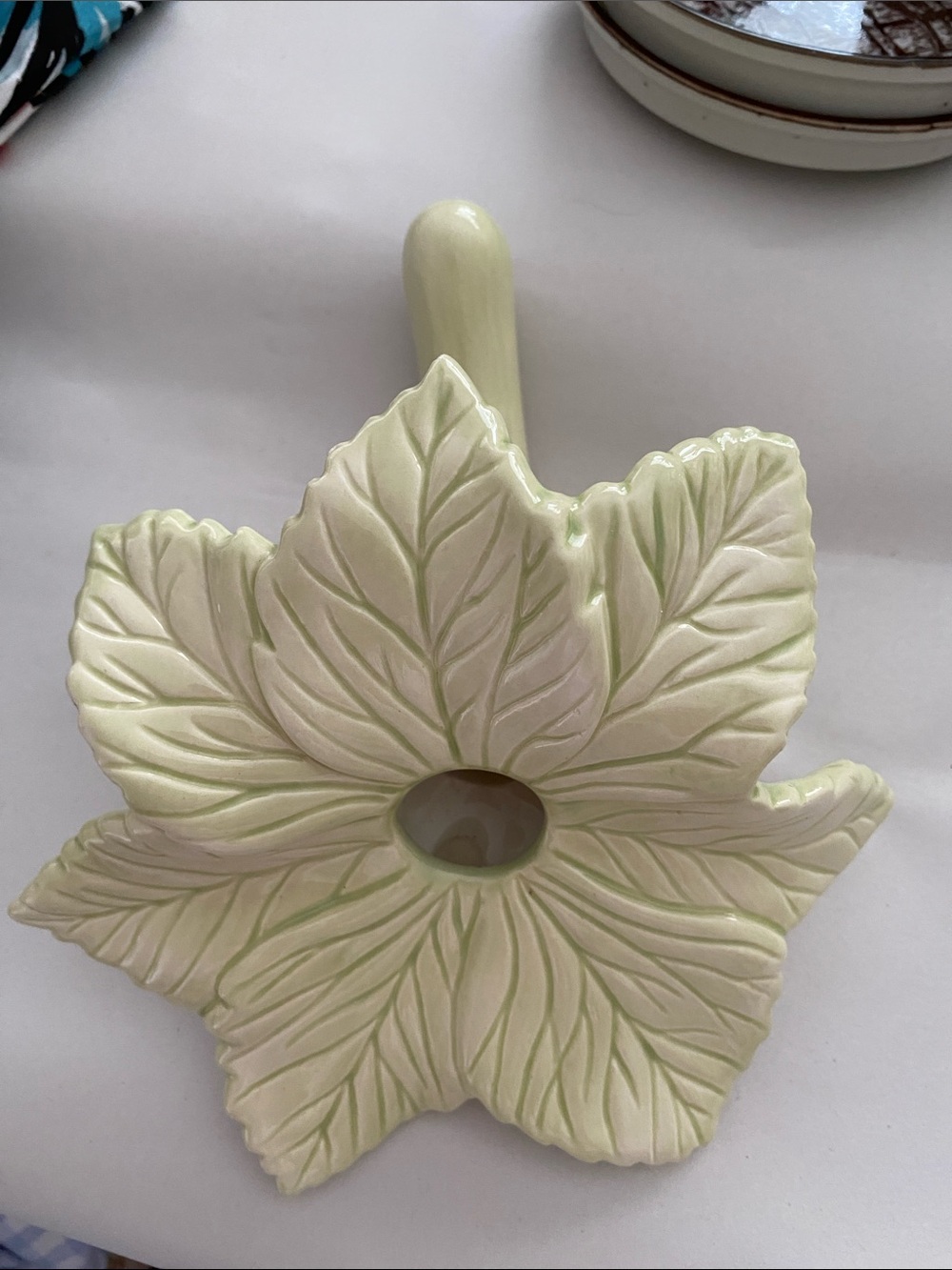 Ceramic Epergne Bouquet Bud Vase with Stem. Detailed light green veins. EC. MCM